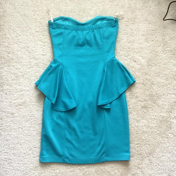 Teal Strapless Peplum Dress, G by Guess - Picture 2 of 5